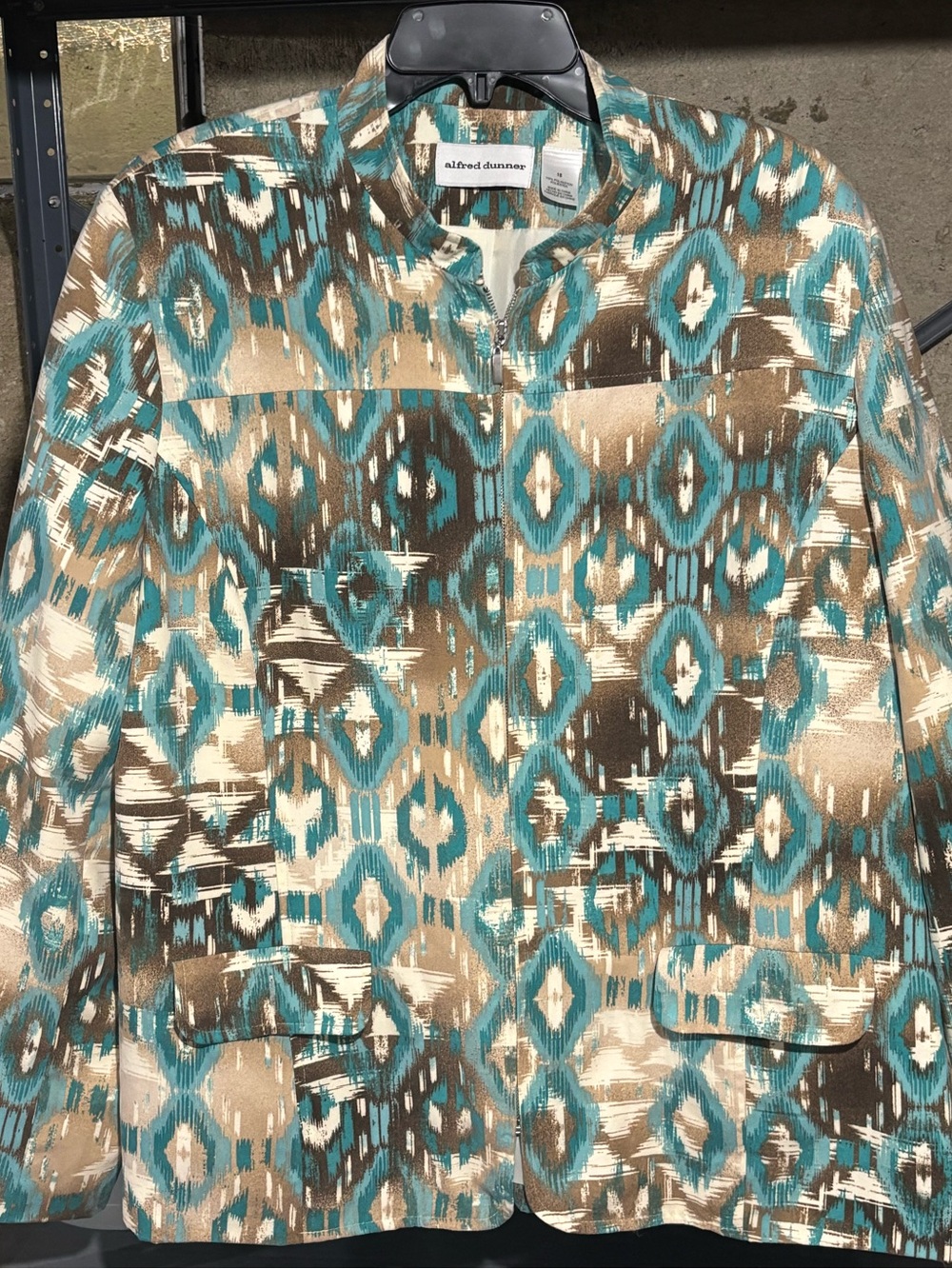 Alfred Dunner Teal, Beige & Brown Abstract Zip-Front Jacket